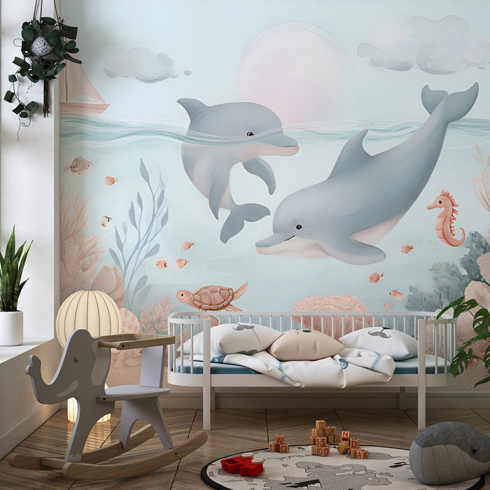 Babykamer behang | Betoverde dolfijnen en pastel koralen