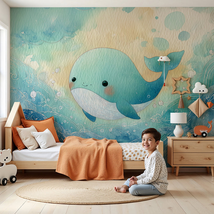 Kinderkamer behang | Schattige walvis en pastel golven