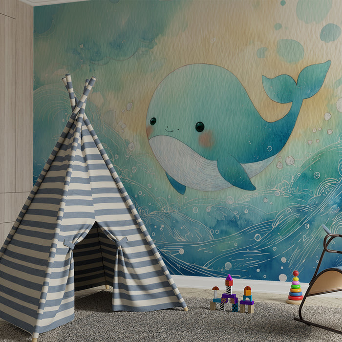 Kinderkamer behang | Schattige walvis en pastel golven