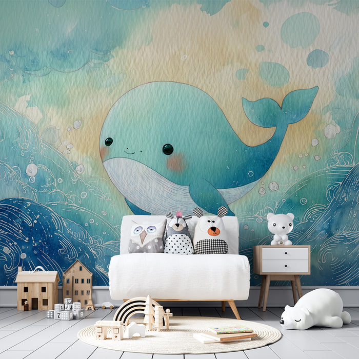 Kinderkamer behang | Schattige walvis en pastel golven