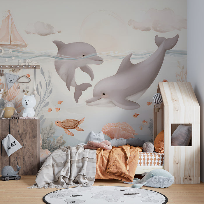 Carta da parati bambini | Delfini e barriera corallina