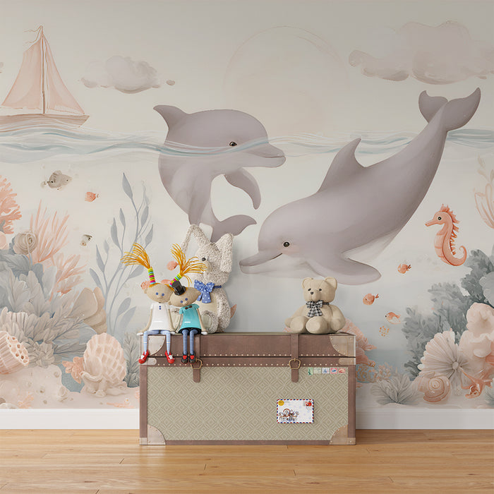 Carta da parati bambini | Delfini e barriera corallina
