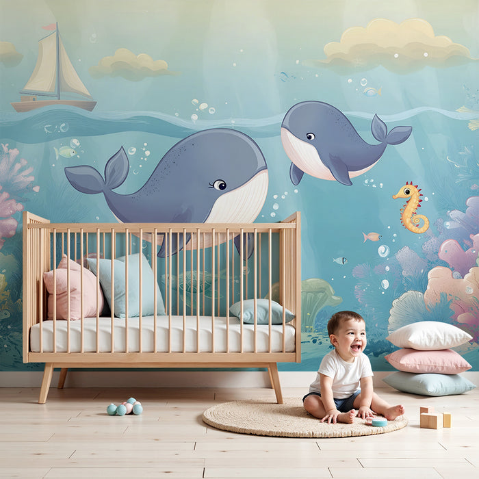 Papier peint chambre enfant | Baleines et récif sous-marin