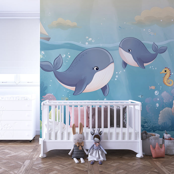 Papier peint chambre enfant | Baleines et récif sous-marin