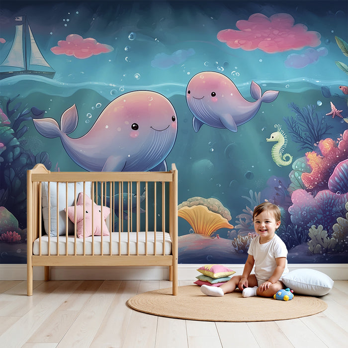Papier peint chambre enfant | Aventure sous-marine avec baleines souriantes