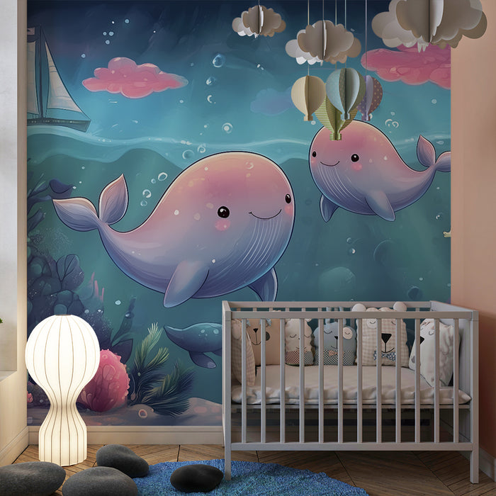 Papier peint chambre enfant | Aventure sous-marine avec baleines souriantes