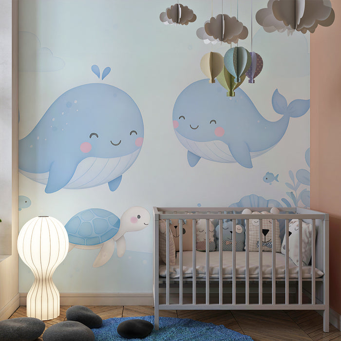 Barntapet | Glada valar och blå havssköldpadda