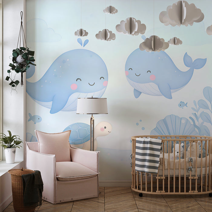 Barntapet | Glada valar och blå havssköldpadda