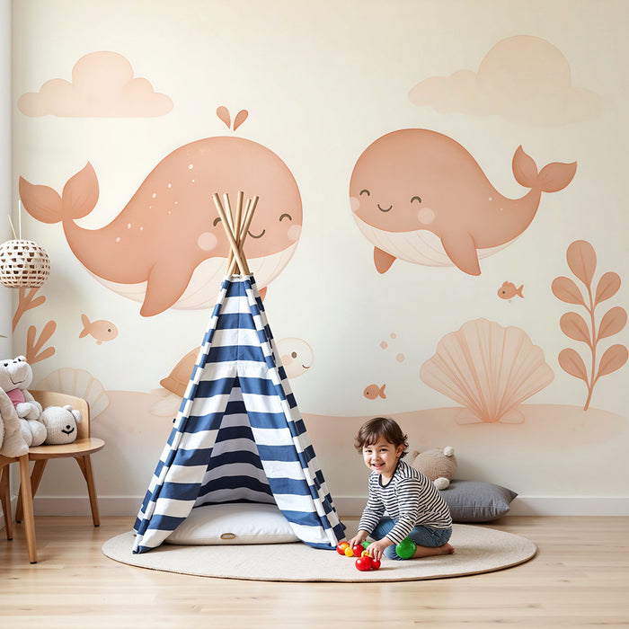 Babyzimmer Tapete | Pastell Wale und Schildkröten