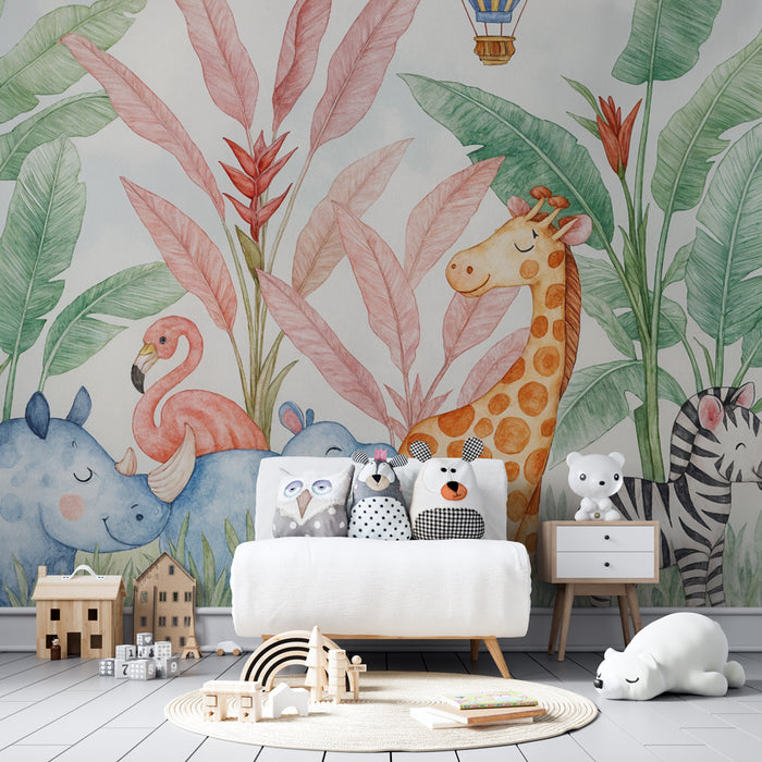 Papier peint jungle enfant | Animaux exotiques mignons