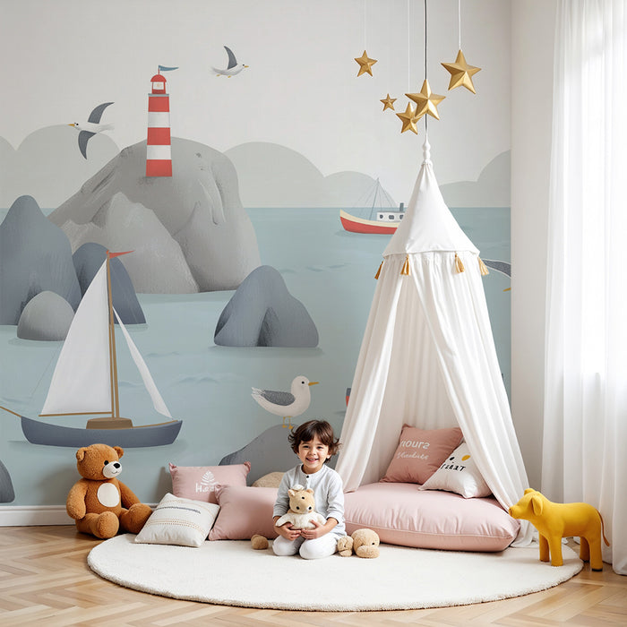 Papel de parede criança | Aventura marinha com faróis e gaivotas