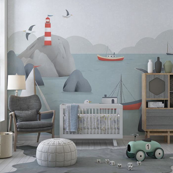 Papel de parede criança | Aventura marinha com faróis e gaivotas