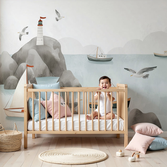 Χαρτί τοίχου παιδικού δωματίου | Φάρος και βάρκες