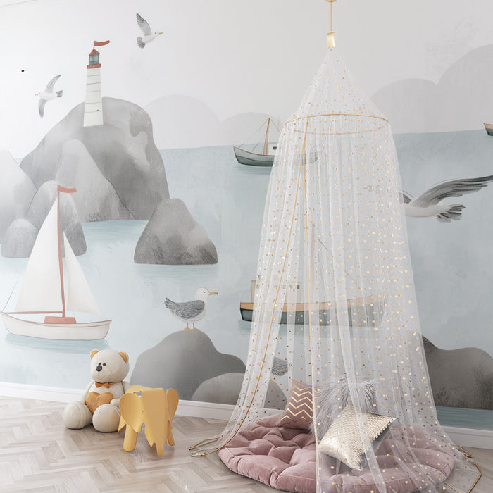 Χαρτί τοίχου παιδικού δωματίου | Φάρος και βάρκες