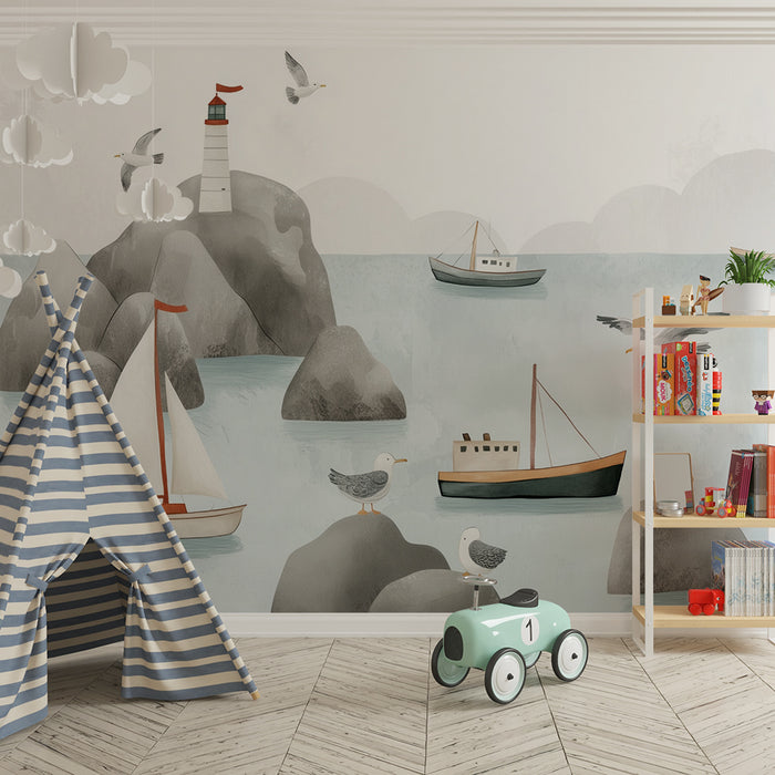 Χαρτί τοίχου παιδικού δωματίου | Φάρος και βάρκες