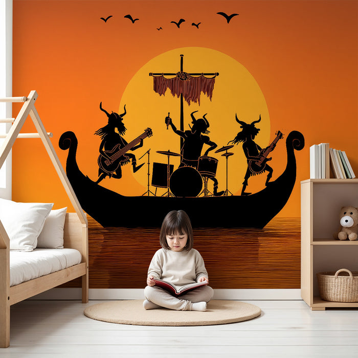 Kinderkamer behang | Vikingen en muziek bij zonsondergang