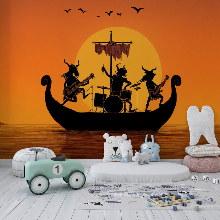 Kinderkamer behang | Vikingen en muziek bij zonsondergang