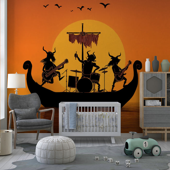 Kinderkamer behang | Vikingen en muziek bij zonsondergang