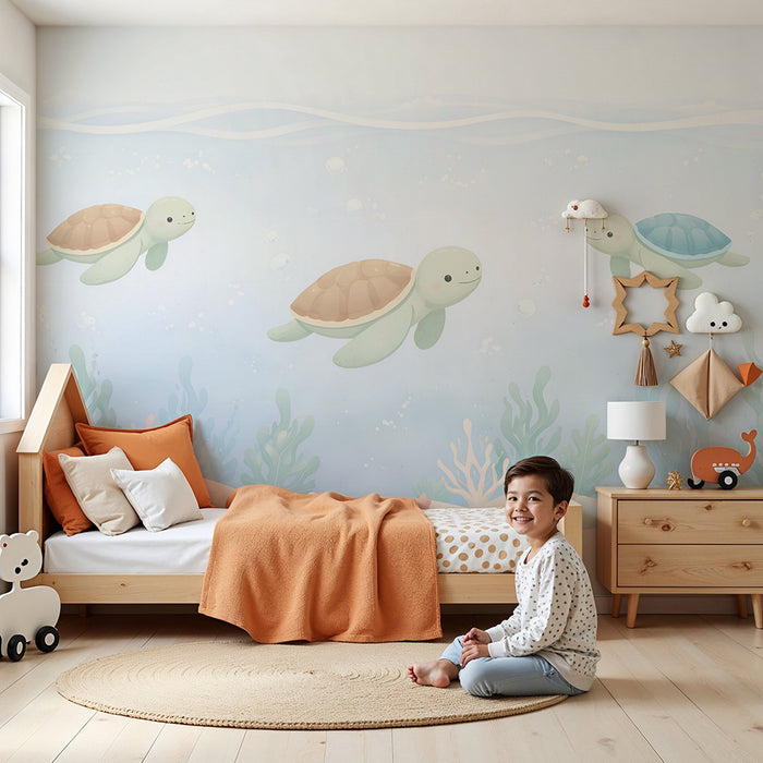 Papier peint chambre bébé | Tortues marines et coraux pastel