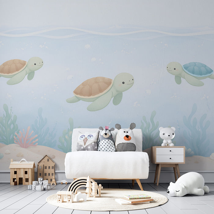 Papier peint chambre bébé | Tortues marines et coraux pastel