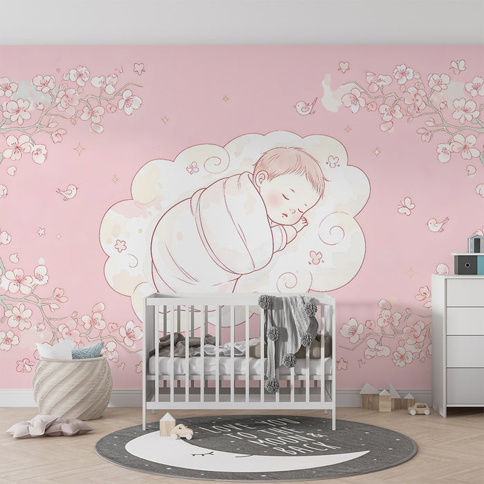 Papier peint chambre bébé | Nuages et fleurs de cerisier