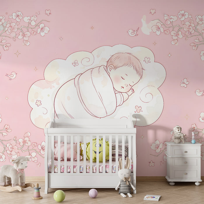 Papier peint chambre bébé | Nuages et fleurs de cerisier