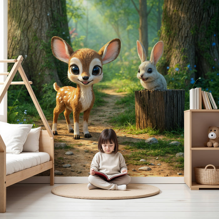 Papier peint forêt enchantée | Faon et lapin dessin animé