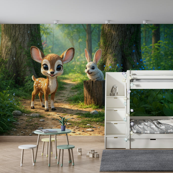 Papier peint forêt enchantée | Faon et lapin dessin animé