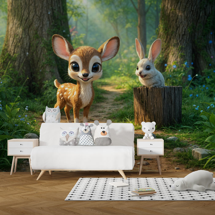 Papier peint forêt enchantée | Faon et lapin dessin animé