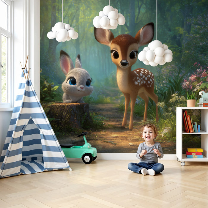 Papier peint forêt enchantée | Faon et lapin adorables