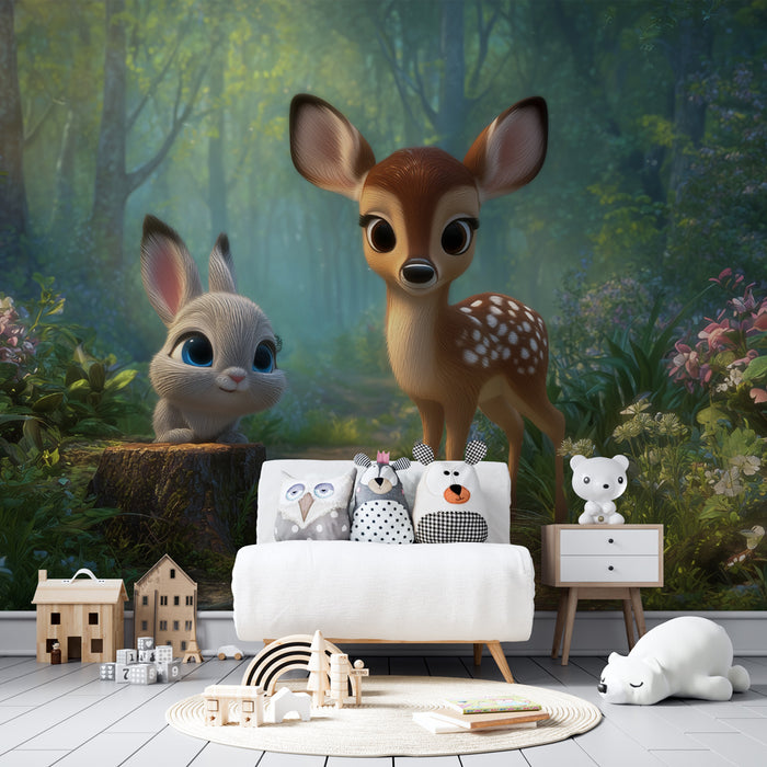 Papier peint forêt enchantée | Faon et lapin adorables
