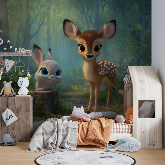 Papier peint forêt enchantée | Faon et lapin adorables