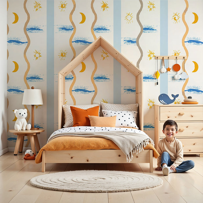 Papel pintado infantil | Sol y Luna con Olas Azules