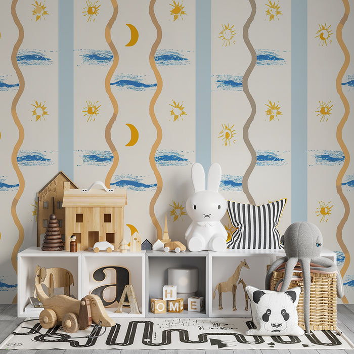 Papel pintado infantil | Sol y Luna con Olas Azules