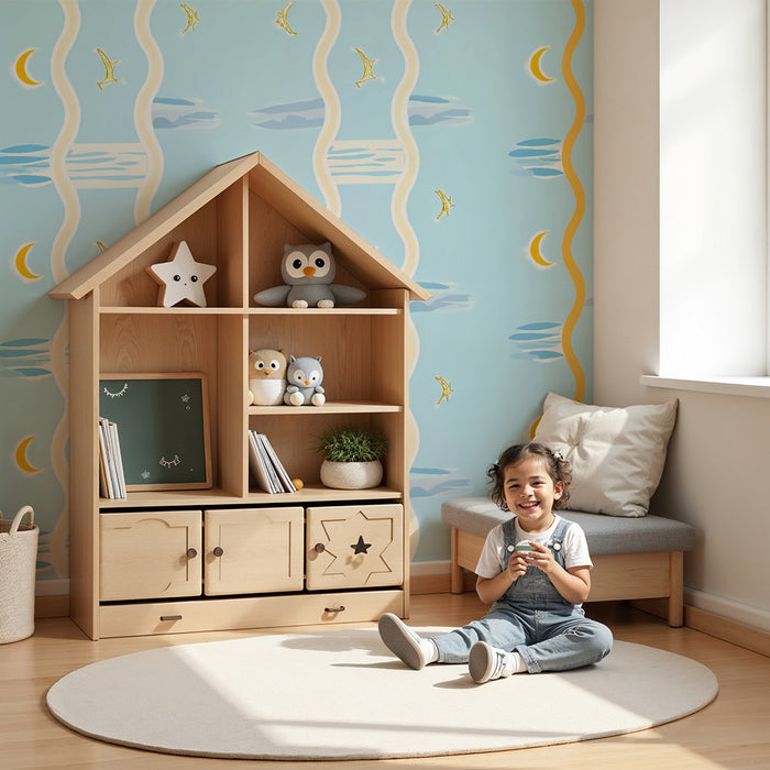 Nursery room wallpaper | Golden birds and crescent moons