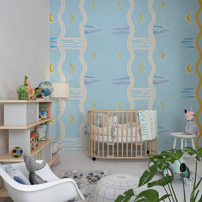 Nursery room wallpaper | Golden birds and crescent moons