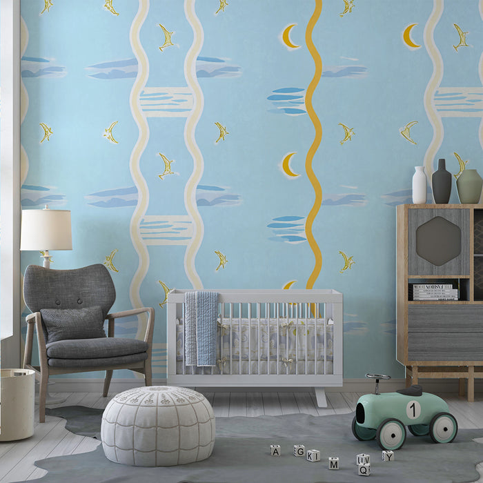 Nursery room wallpaper | Golden birds and crescent moons