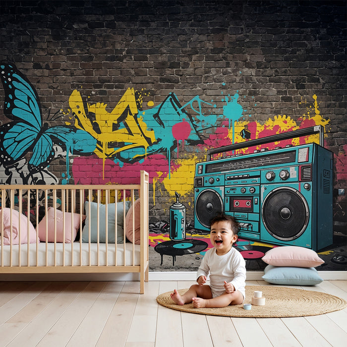 Papier peint Graffiti Urbain | Style rétro avec papillon et boom box