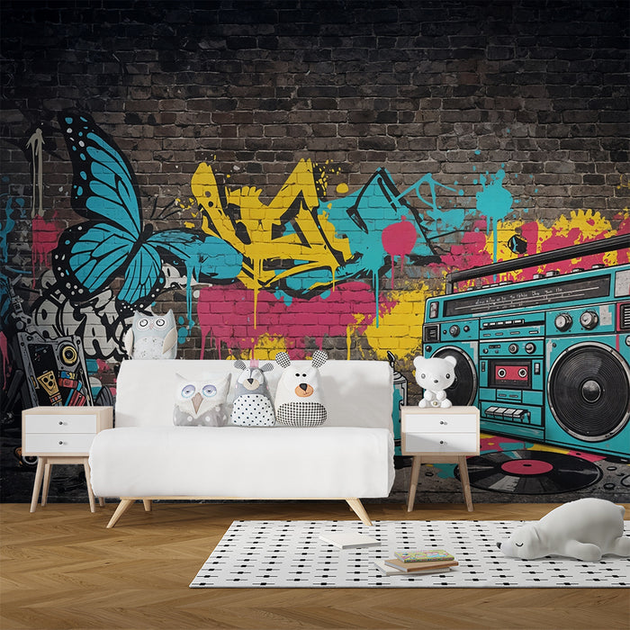 Papier peint Graffiti Urbain | Style rétro avec papillon et boom box