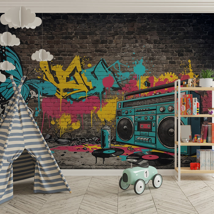 Papier peint Graffiti Urbain | Style rétro avec papillon et boom box