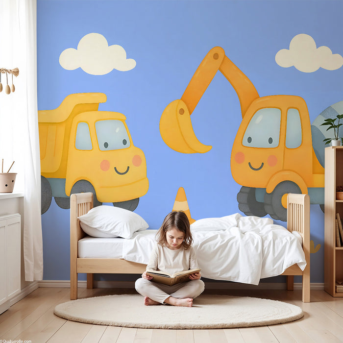 Papier peint chambre enfant | Camions de construction joyeux