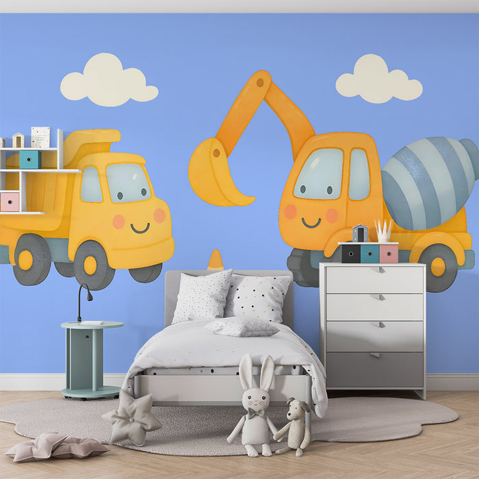 Papier peint chambre enfant | Camions de construction joyeux