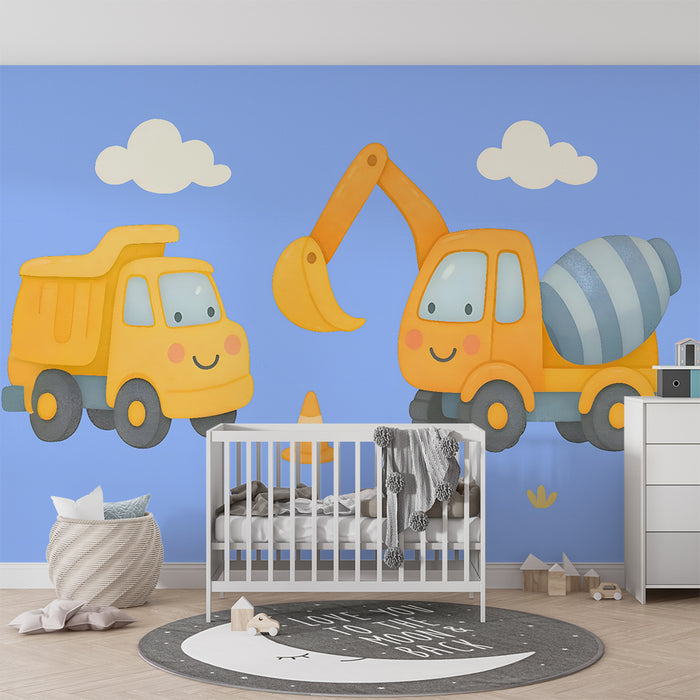 Papier peint chambre enfant | Camions de construction joyeux
