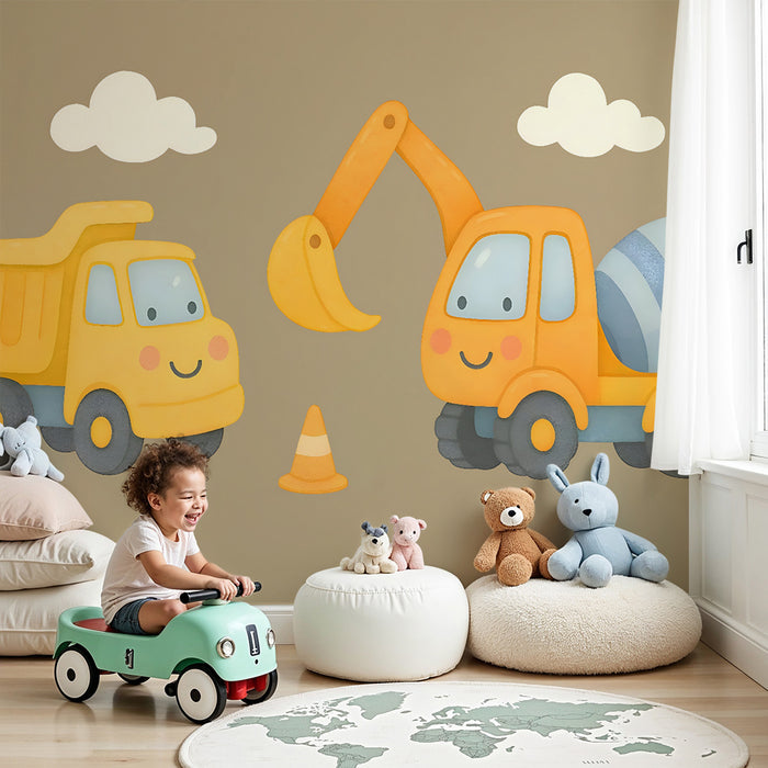 Papier peint chambre enfant | Camions de construction souriants
