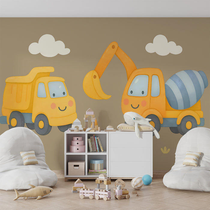 Papier peint chambre enfant | Camions de construction souriants