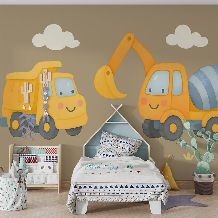 Papier peint chambre enfant | Camions de construction souriants