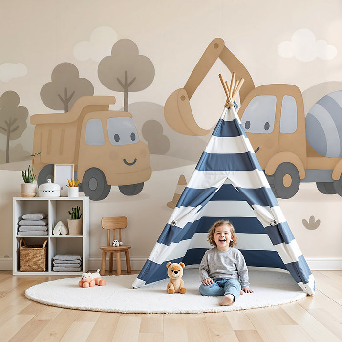 Tapet barnerom | Smilende konstruksjonsbiler beige