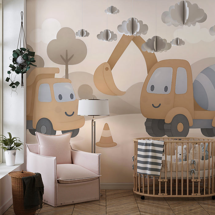 Tapet barnerom | Smilende konstruksjonsbiler beige