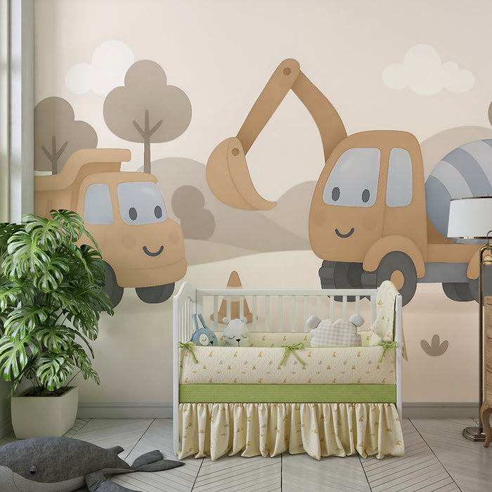 Tapet barnerom | Smilende konstruksjonsbiler beige