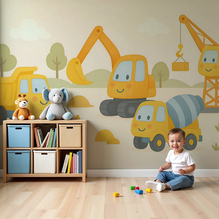 Lastenhuoneen tapetti | Iloiset pienet rakennuskoneet